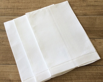 Set of 6-White Linen hemstitched Hand Towels 14"x22"- 100% Linen Guest Towels