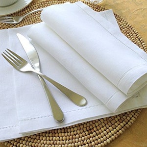 A set of 12-Hemstitch linen napkins in white color, 50x50 cm (20"x20")