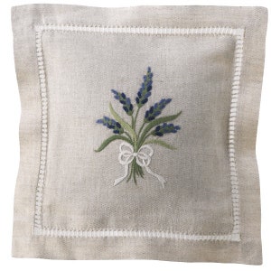 100 natural linen sachet bags with the embroidered lavender wreath