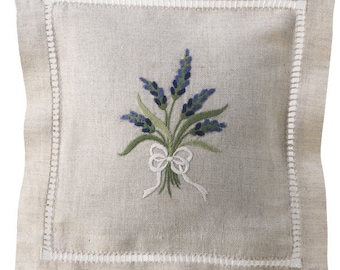 100 natural linen sachet bags with the embroidered lavender wreath