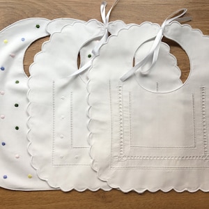 Handmade Unisex White Cotton Baby Bibs with Hemstitch and Embroidery-Set of 3.