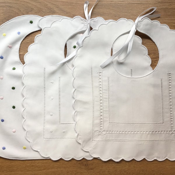 Handmade Unisex White Cotton Baby Bibs with Hemstitch and Embroidery-Set of 3.