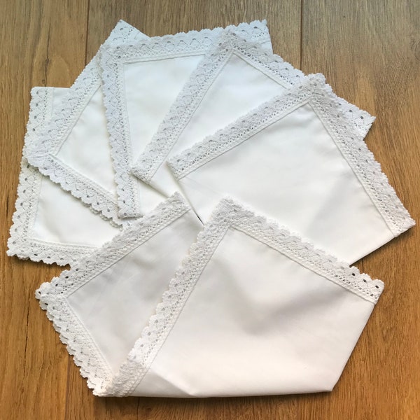 Set of 6, White cotton 11"x11" lady's handkerchiefs with lace edge