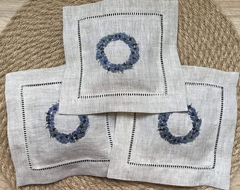 Hand Embroidered Lavender Pillow Sachet Bag “Lavender Crown” Natural Linen Cushion 6&quot;x6&quot;, Set of 3