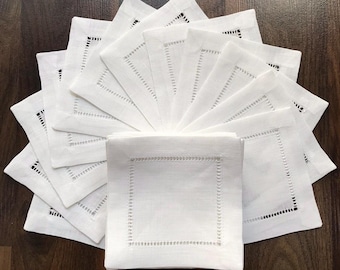 1000 ladder hemstitch 100% linen cocktail napkins in white color, 4x4"