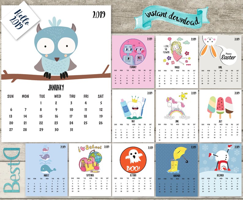 2019 2018 kids calendar2019 funny printable calendar13 pages etsy