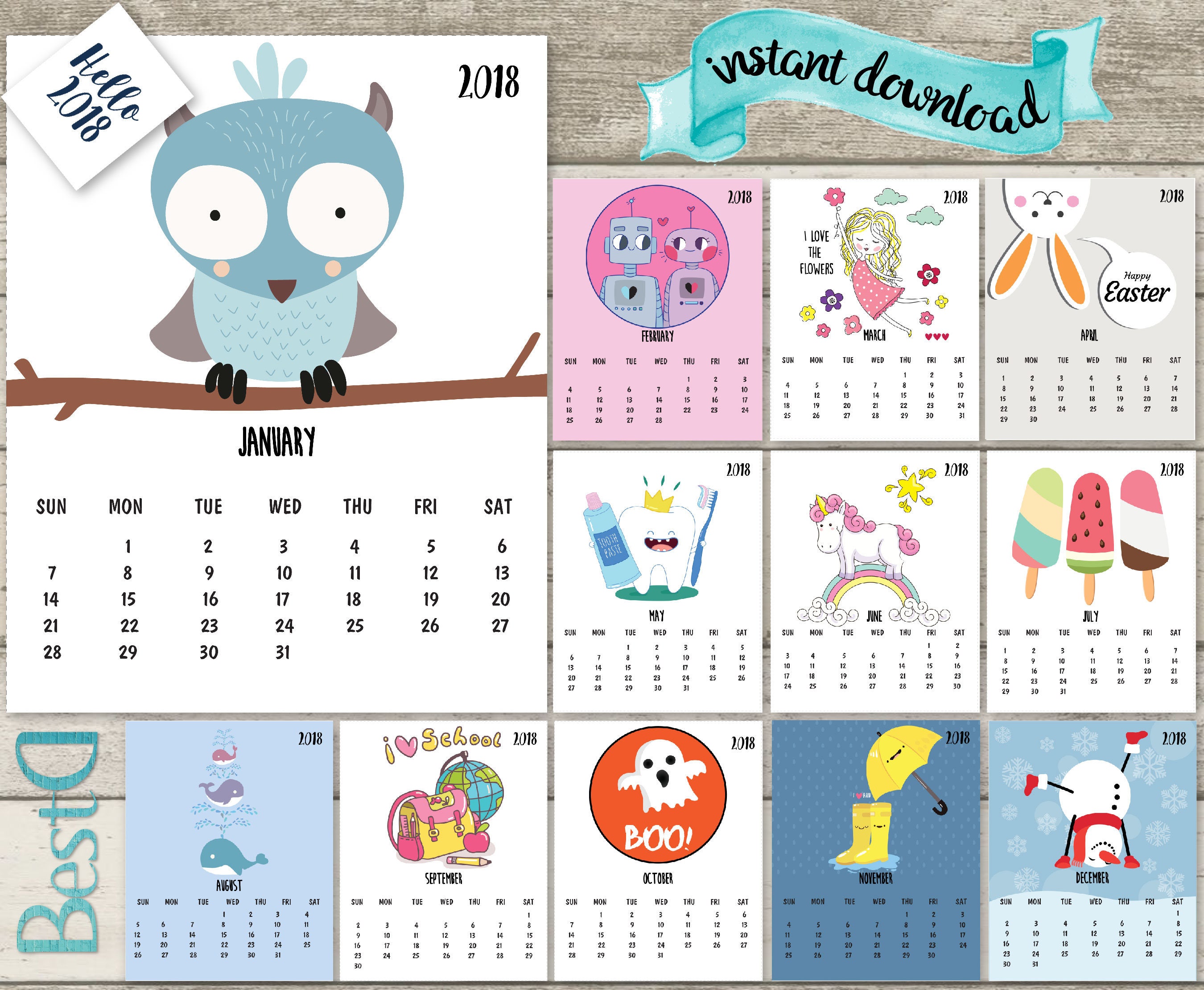 2018 kids calendar2018 funny printable calendar12 pages