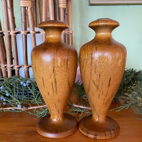 Myrtlewood bud vase pair Oregon midcentury turned wood