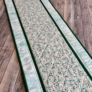 Springtime Floral Table Runner, Sea Foam Green Quilted Table Runner, Reversible Table Cover, Coffee Table Scarf, Modern Table Runner