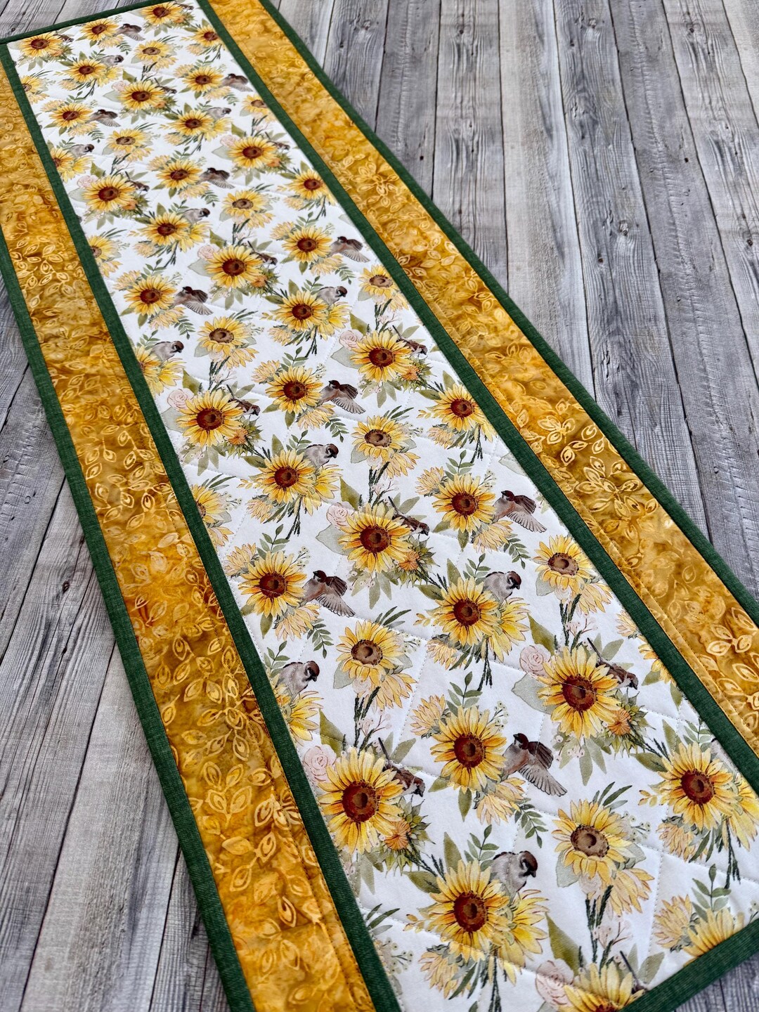 Quilted Handmade Table Runner With Birds and Sunflowers, Reversible ...