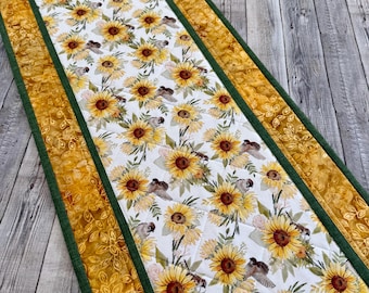 Quilted Handmade Table Runner with Birds and Sunflowers, Reversible Runner, 15" x 41"