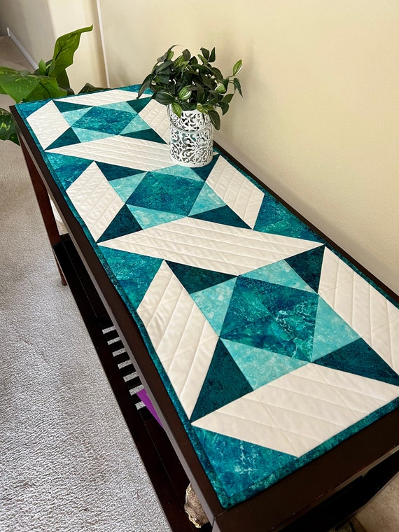 Quilted Table Runner Reversible Table Runner Turquoise Table Etsy