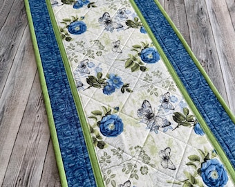 Quilted Blue Floral Table Runner, Cotton, Handmade (15" x 42 1/2")