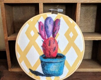 Cactus wall art, needle felted cactus plant, wool painting, needle felted cactus, hoop art, handmade cactus, garden art, cactus art,