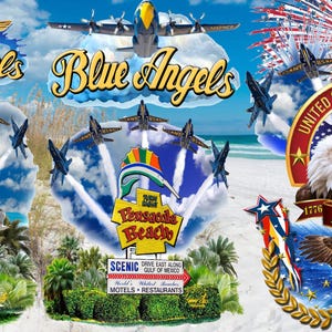 Pu&ograve; includere: Un collage di immagini a tema patriottico, con i Blue Angels, Pensacola Beach e gli Stati Uniti d'America. Il testo include "Blue Angels", "Pensacola Beach" e "250th Anniversary 2026". Le immagini mostrano aerei, una spiaggia e fuochi d'artificio.