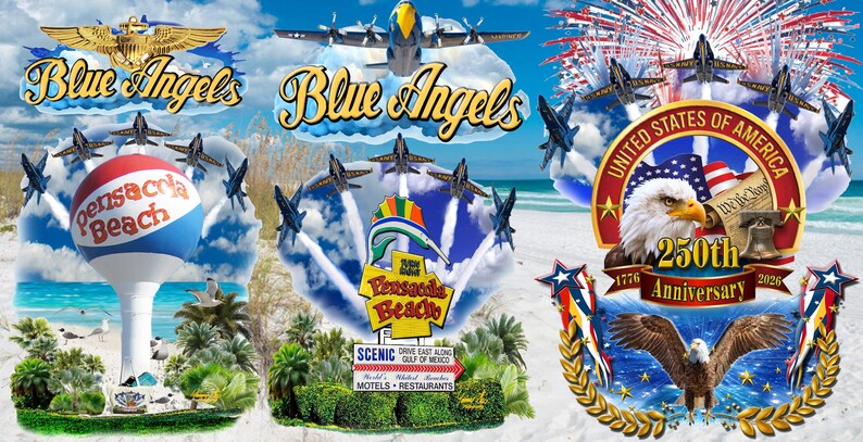 Pu&ograve; includere: Un collage di immagini a tema patriottico, con i Blue Angels, Pensacola Beach e gli Stati Uniti d'America. Il testo include "Blue Angels", "Pensacola Beach" e "250th Anniversary 2026". Le immagini mostrano aerei, una spiaggia e fuochi d'artificio.