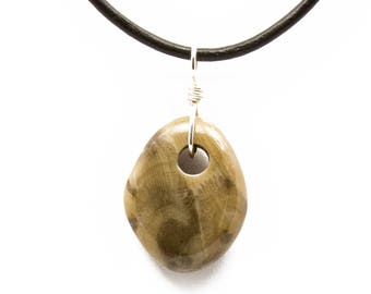 Petoskey Stone Necklace Polished Petoskey Stone Jewelry Pendant Michigan Coral Fossil Beach Stone Leather Silver Gift for Women Her ET216