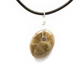 Petoskey Stone Necklace Polished Petoskey Stone Jewelry Pendant Michigan Coral Fossil Beach Stone Leather Silver Gift for Women Her ET218