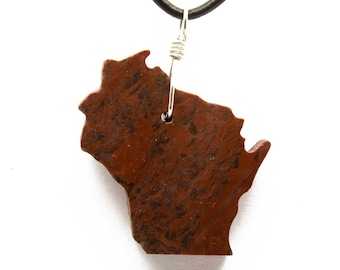 Kona Dolomite Polished Wisconsin State Shape Stone Necklace Wisconsin Jewelry Great Lakes Rock Leather Sterling Silver Gift for Women ET201