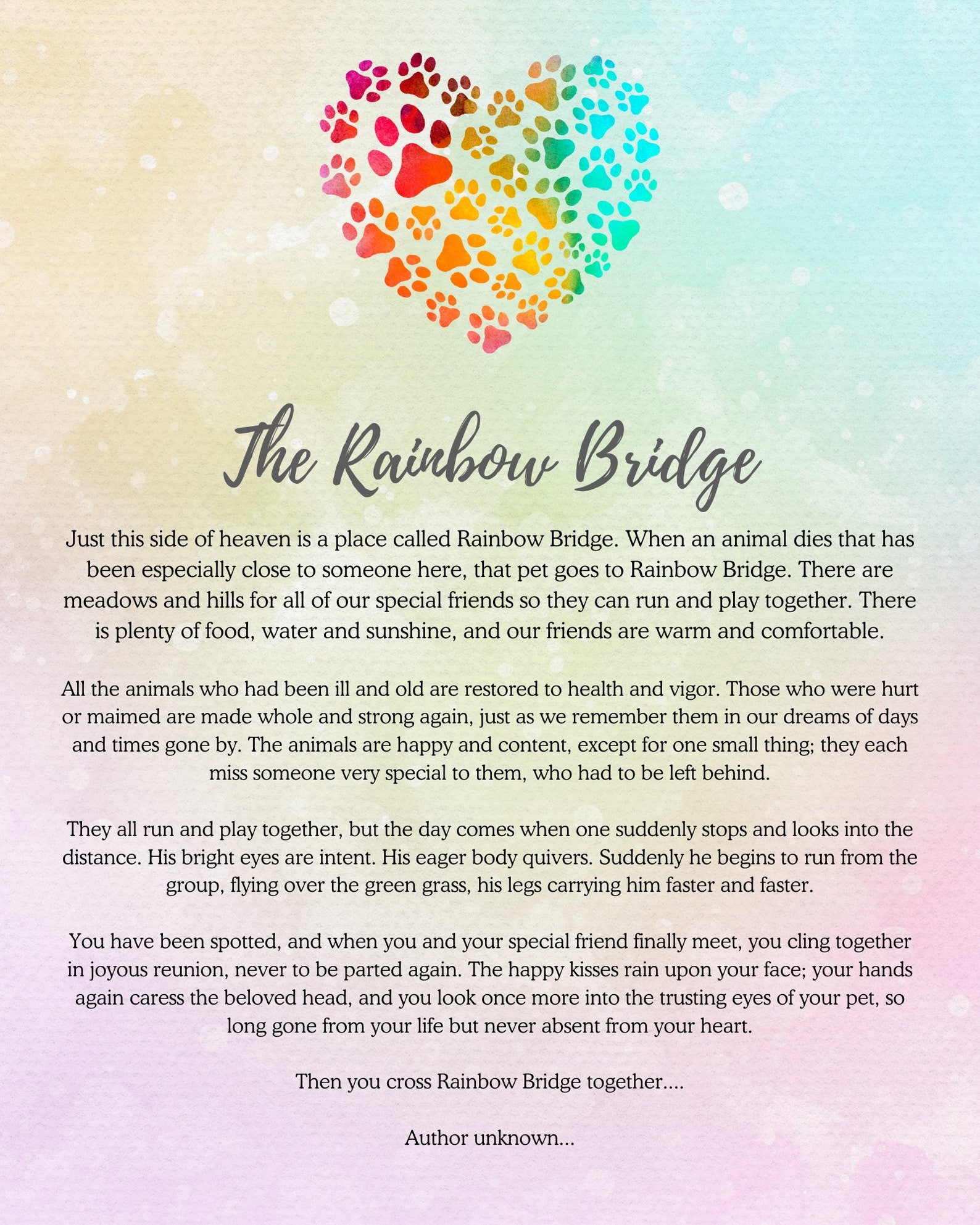 Art Print 8x10 Inch RAINBOW BRIDGE Poem Loss Pet Dog Cat Memorial Gift ...