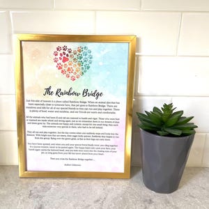 Art Print 8x10 inch RAINBOW BRIDGE Poem loss Pet Dog Cat Memorial Gift Desk or Shelf Display wall art bright vivid heart paw print Framed