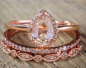 Sale on 2.25 carat Pear shape Morganite and Diamond Halo Trio Bridal Wedding Ring Set Antique Vintage Design Milgrain in Rose Gold for Women