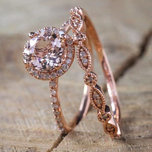 Sale on Antique Vintage Design Milgrain 2 carat Round Morganite and Diamond Halo Bridal Wedding Ring Set in Rose Gold for Women