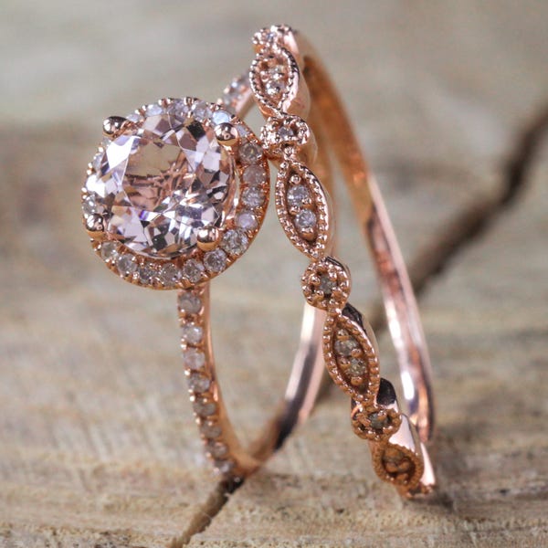 Sale on Antique Vintage Design Milgrain 2 carat Round Morganite and Diamond Halo Bridal Wedding Ring Set in Rose Gold for Women