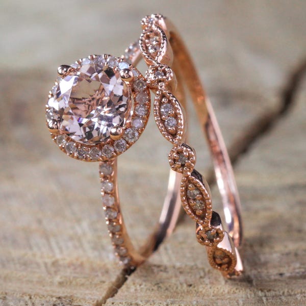 Verkauf auf Antik Vintage Design Milgrain 2 Karat Runde Morganit und Halo Braut Hochzeitsring Diamanten in Rose Gold für Frauen