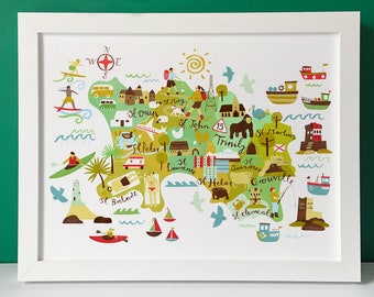 Impression d'une carte illustrée de Jersey, îles Anglo-Normandes | Impression de carte illustrée | Affiche d'illustration de voyage