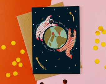 Our Love Is Out Of This World cute quirky Valentines Day Card | Illustrated Greetings Card | For Him|For Her |I Love You Card | Space Themed