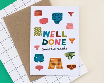 Well Done Smartie Pants Congratulations Card | Graduation Card | Exam Results Greetings Card | End of School A6 Blank Illustrated Card