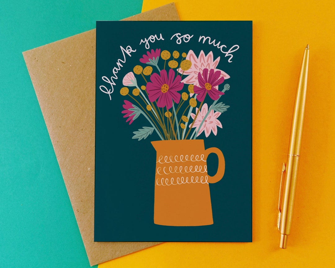 Floral Thank You Card Vase of Flowers Illustrated Greeting Card Dahlia ...
