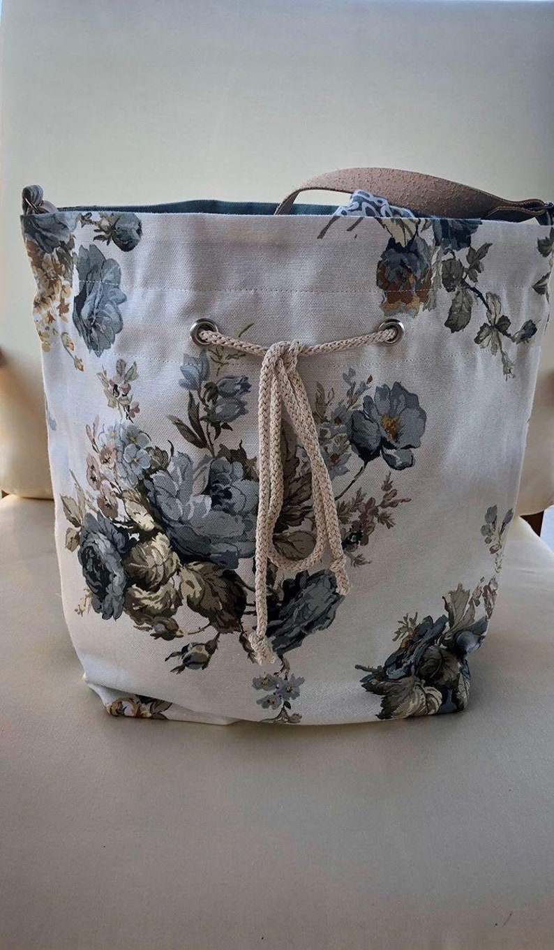 Italian Vegetable Tanned Leather Strap Big Cotton Floral Print Drawstring Bag
