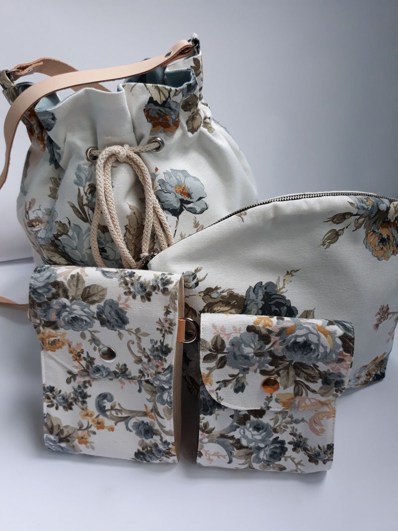 Italian Vegetable Tanned Leather Strap Big Cotton Floral Print Drawstring Bag