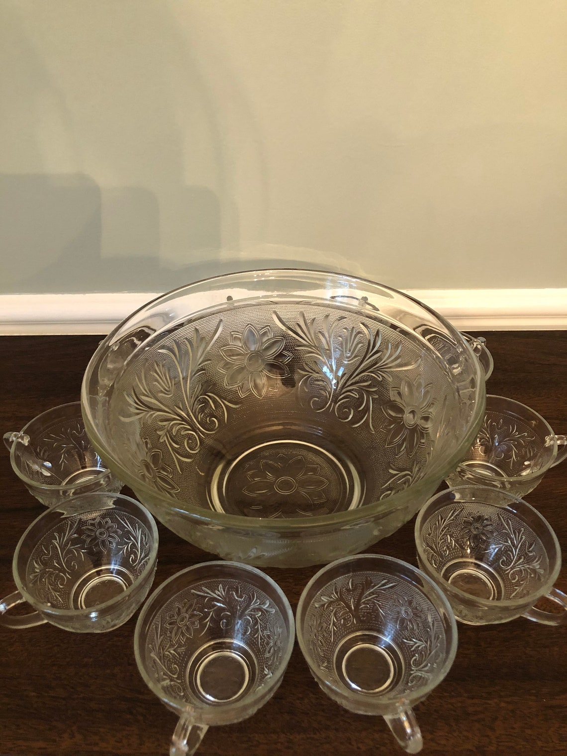 Vintage Anchor Hocking Sandwich Glass Punch Bowl Set Etsy
