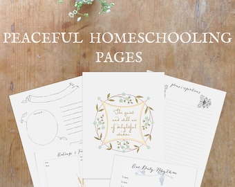 May include: A set of printable homeschooling pages with a floral design. The pages include a daily rhythm planner, a space for outlining and journaling, and a quote about the quiet and still air of delightful studies.