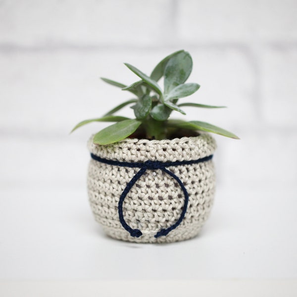 Flower Pot Cozy, Planter, Succulent Plant Cozy Decorative Container Fabric Home Decor crochet ornament Light Gray and Blue Planter