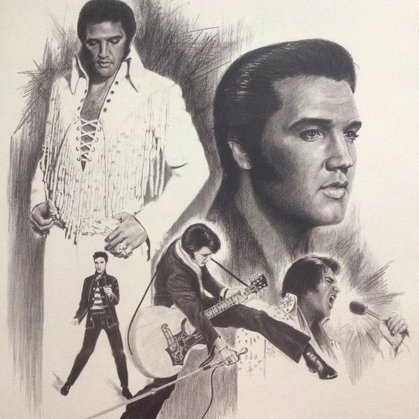 Vintage 1977 Elvis Presley 5 Image Glen Fortune Banse Pencil Lithograph Poster Print.