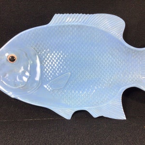 Vintage Large Glazed Ceramic Blue Fish Serving Dish. Hand Painted. Jim Dandy © 1974