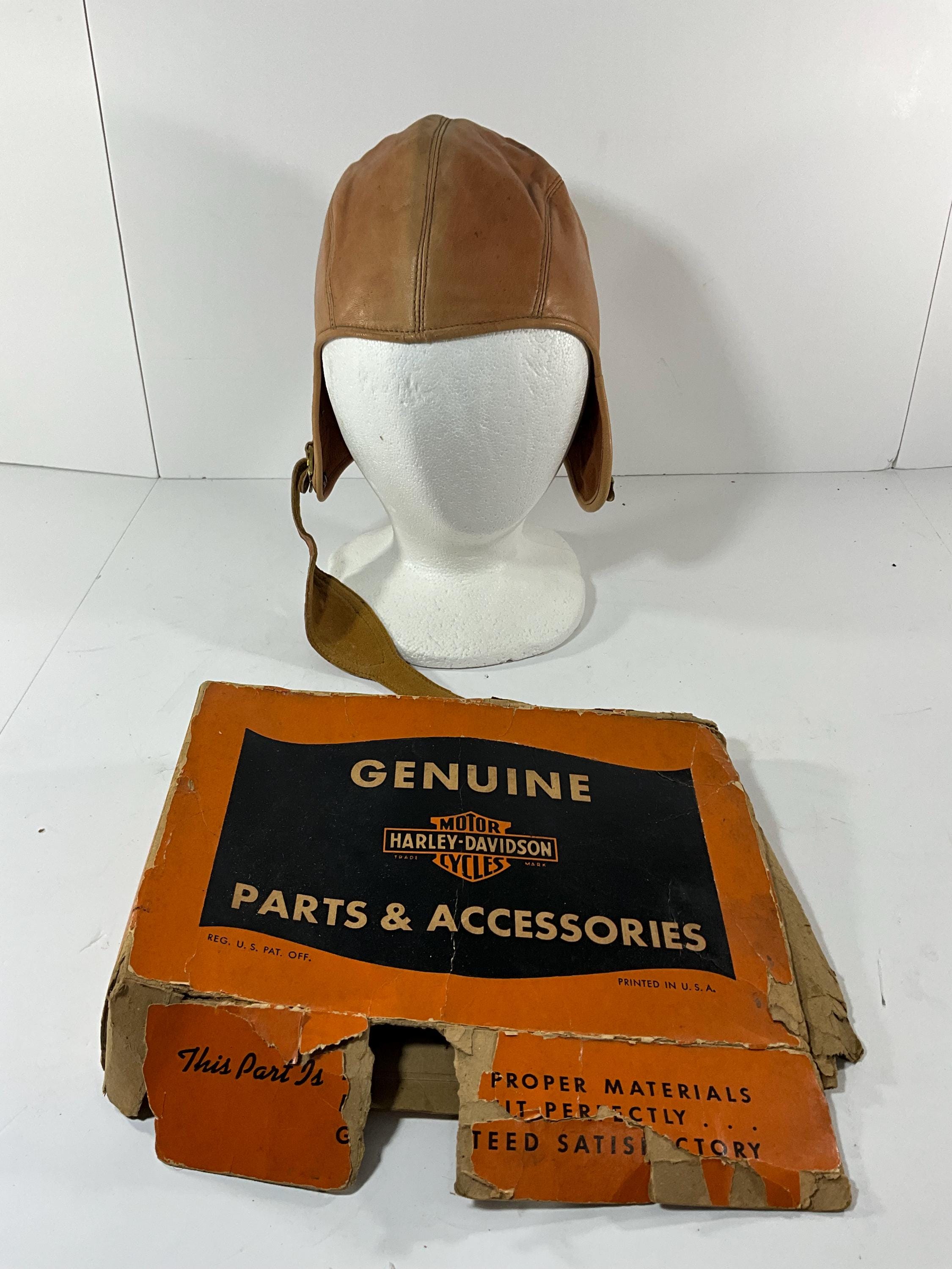 Vintage Harley-davidson Leather Aviator Skull Cap Clipper Helmet W