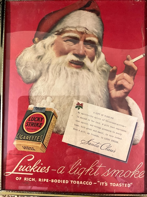 santa cigarette Vintage Framed Santa Claus Smoking Lucky Strike Cigarette Advertising