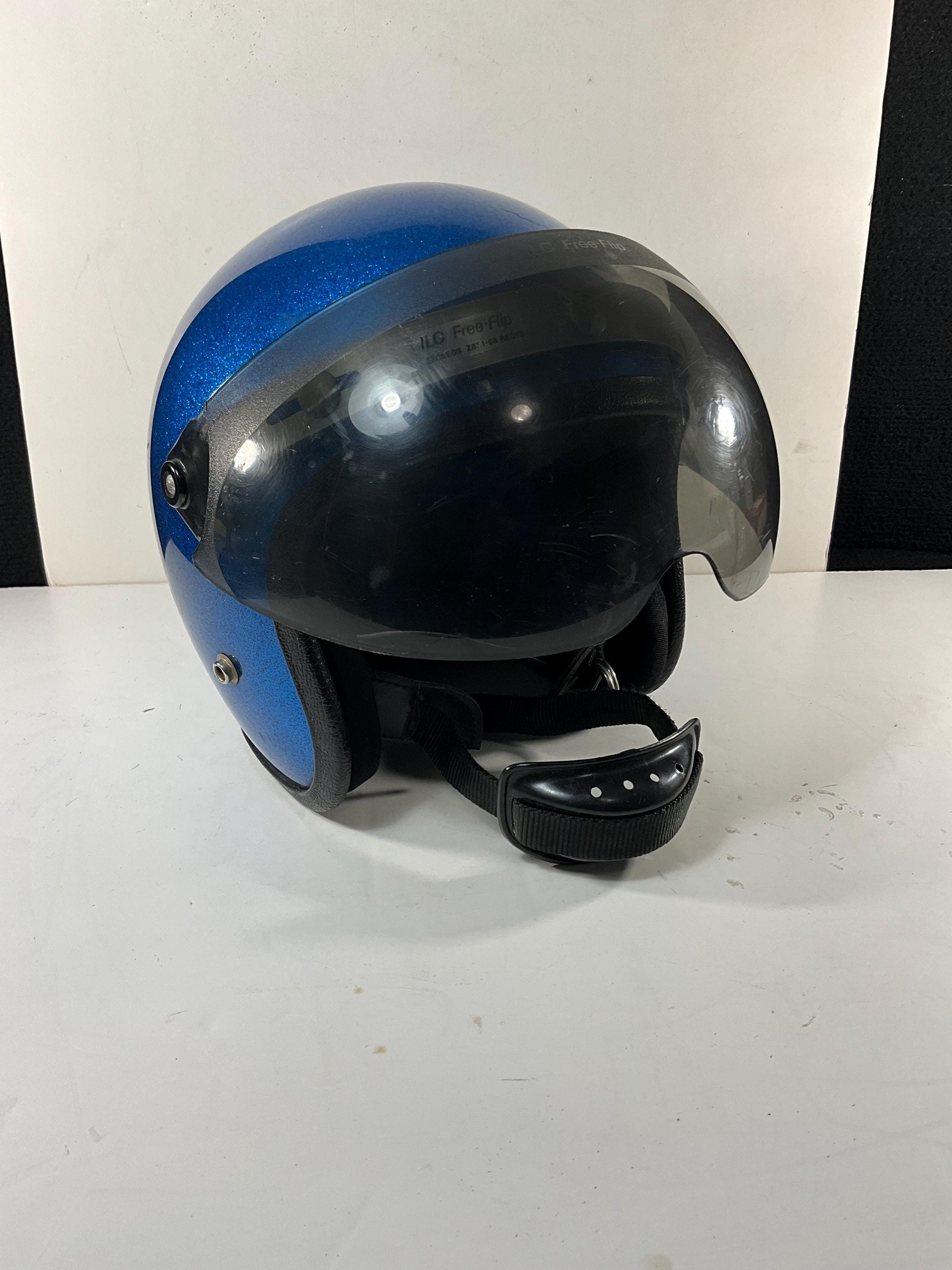 Vintage 1970's Blue Metallic Flake Helmet W/visor Shield and Chin Strap.  Sz. M-L - Etsy