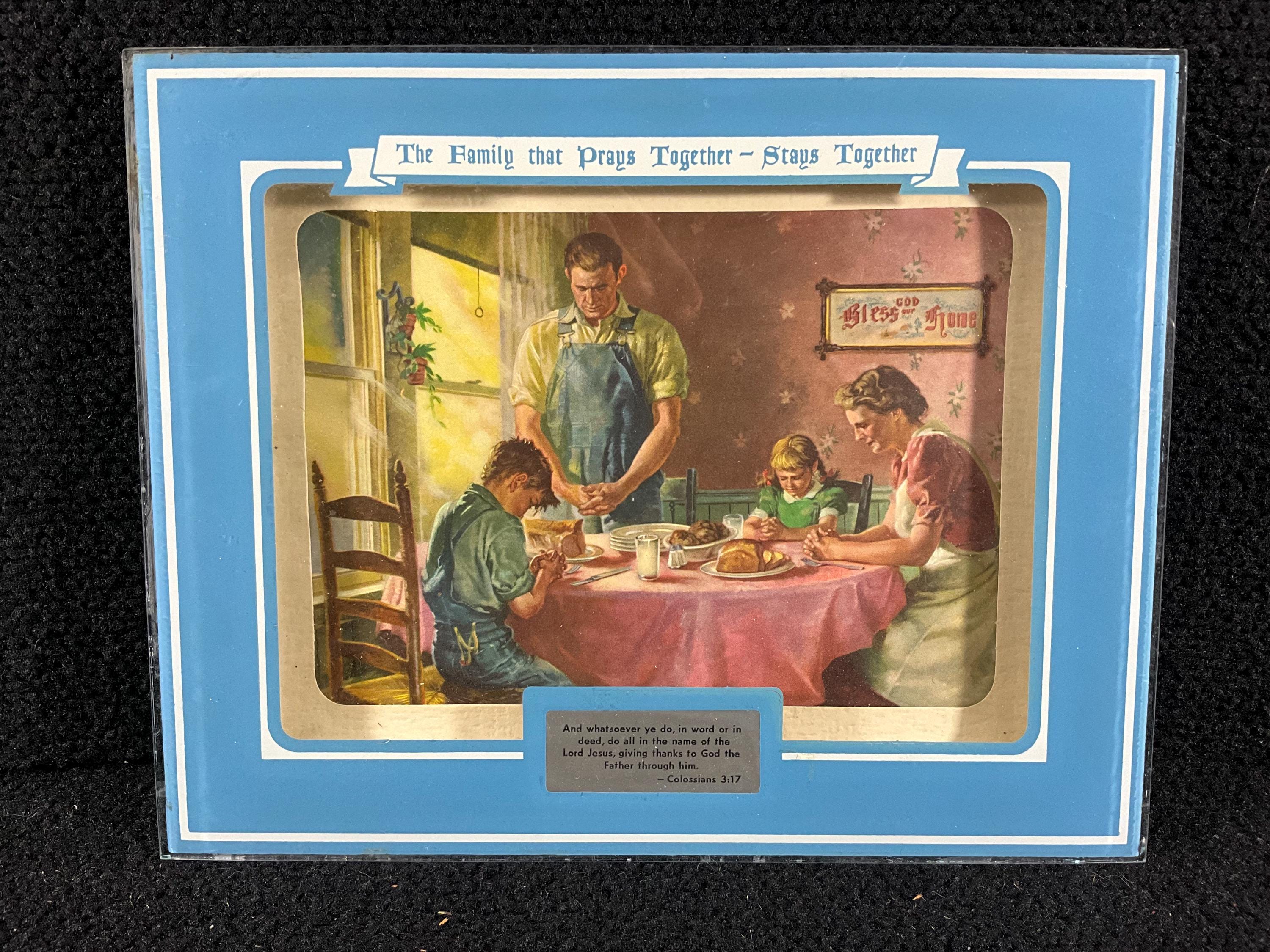 Vintage Funeral Home Advertising Promo Item Shadow Box Praying Family Picture. 1950's