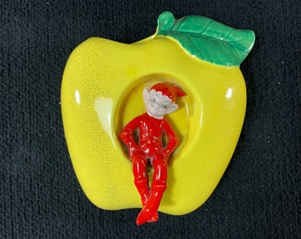 Vintage 1950 Gilner Ceramic Elf Pixie Wall Pocket Yellow Apple Wall Planter
