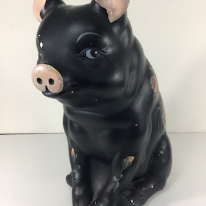Vintage Alexander Backer Co. Hand Painted Chalkware Black Pig Piggy Bank Figure.