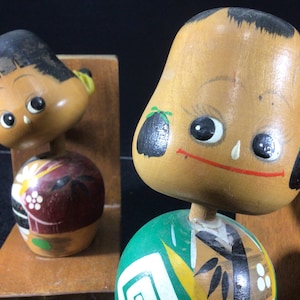 Vintage Wood Bobble Head Bookends Japanese Man & Woman Characters 1950&#39;s-60&#39;s Travel Souvenirs.
