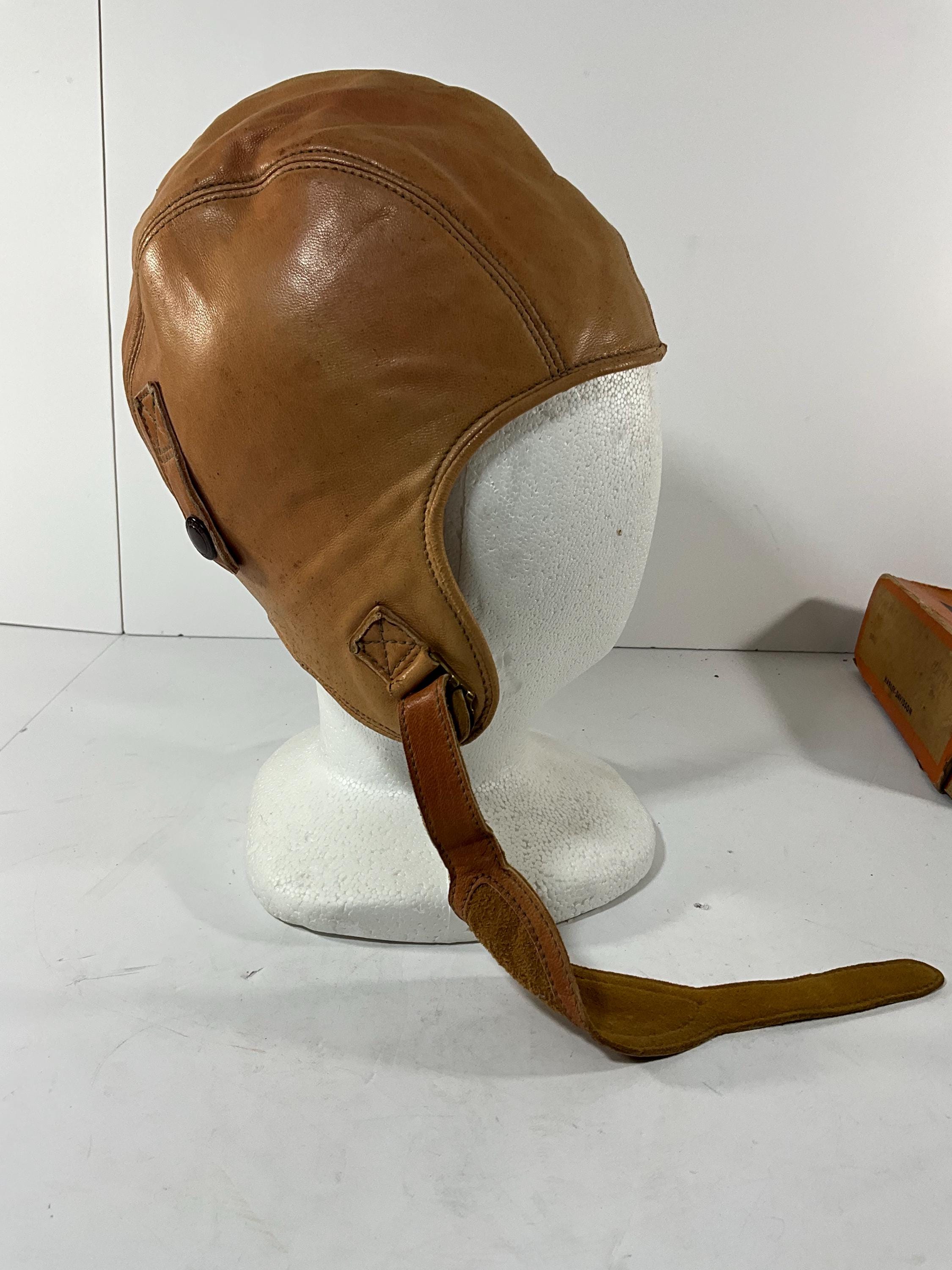 Vintage Harley-davidson Leather Aviator Skull Cap Clipper Helmet W