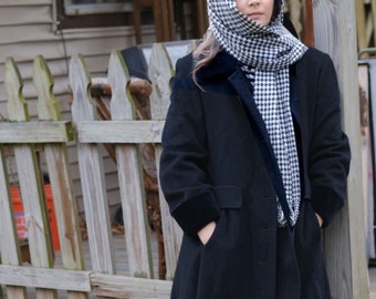 Albert Nipon Nero Velluto e Lana Donna Classico Cappotto Lungo Aderente Taglia 4P Davvero Bello Senza Tempo ed Elegante