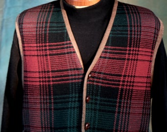 Gilet scozzese vintage Tommy Hilfiger in misto lana e cotone Gilet scozzese rosso nero verde Scozzese grande con retro in lana e finiture in pelle